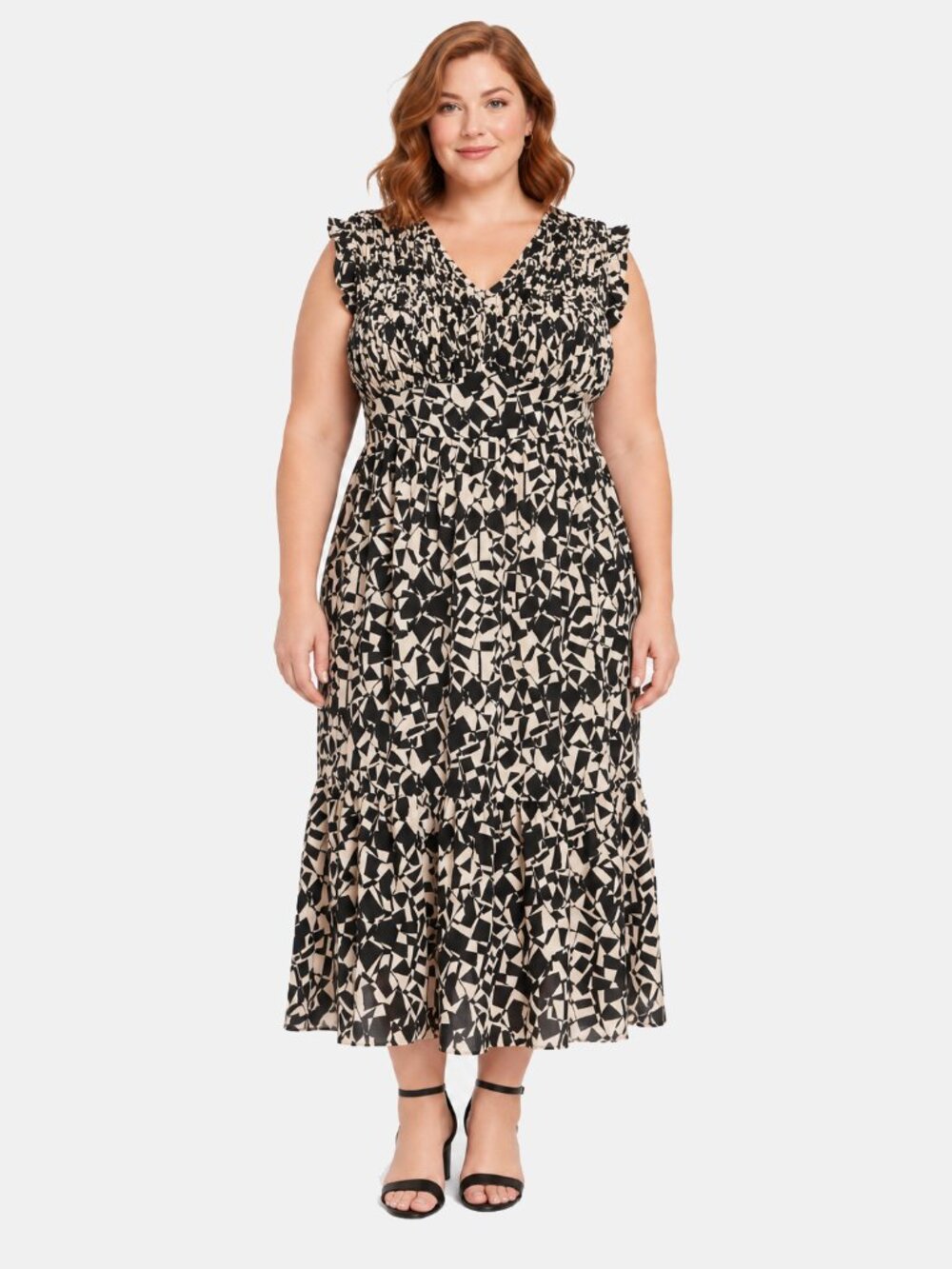 Womens 14W Black Cream Geometric Print Smocked V Neck Ruffle Tiered Midi Dress